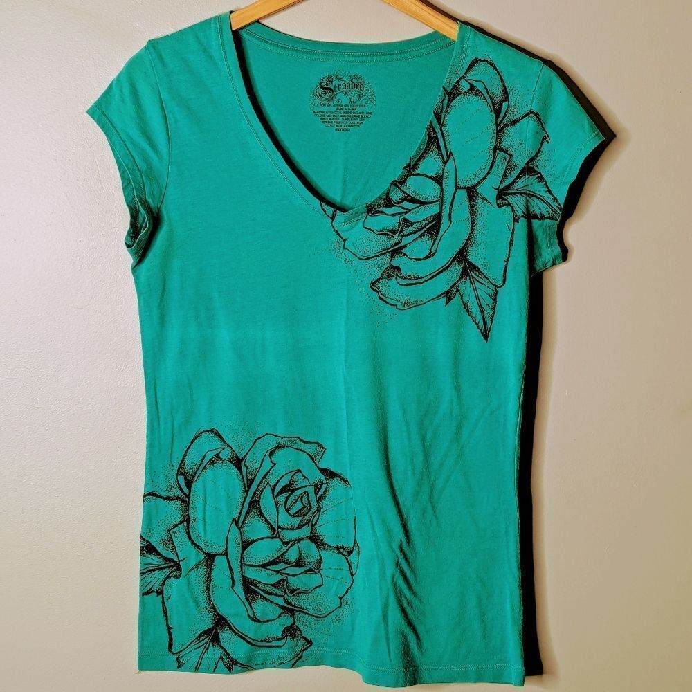 Vintage Stranded Fitted Floral Teal Green Cotton Graphic T-shirt Size M